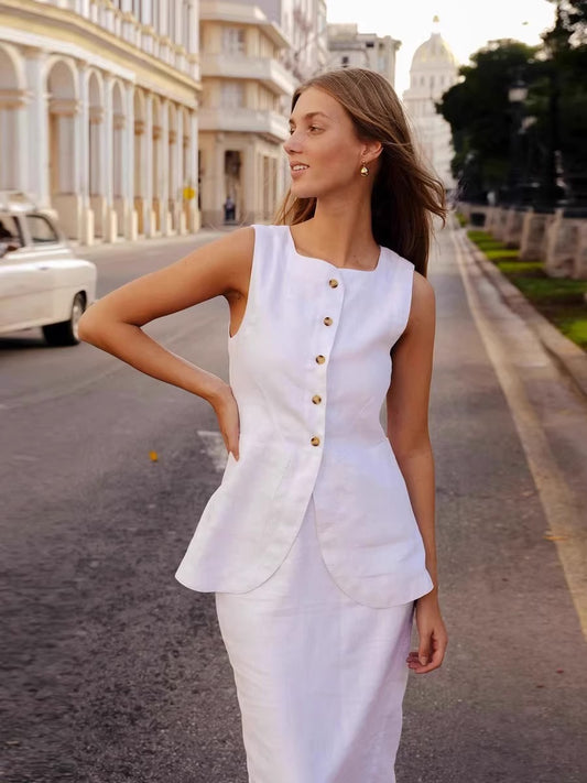 [Pos*e] White Emma Linen Vest and Skirt Set