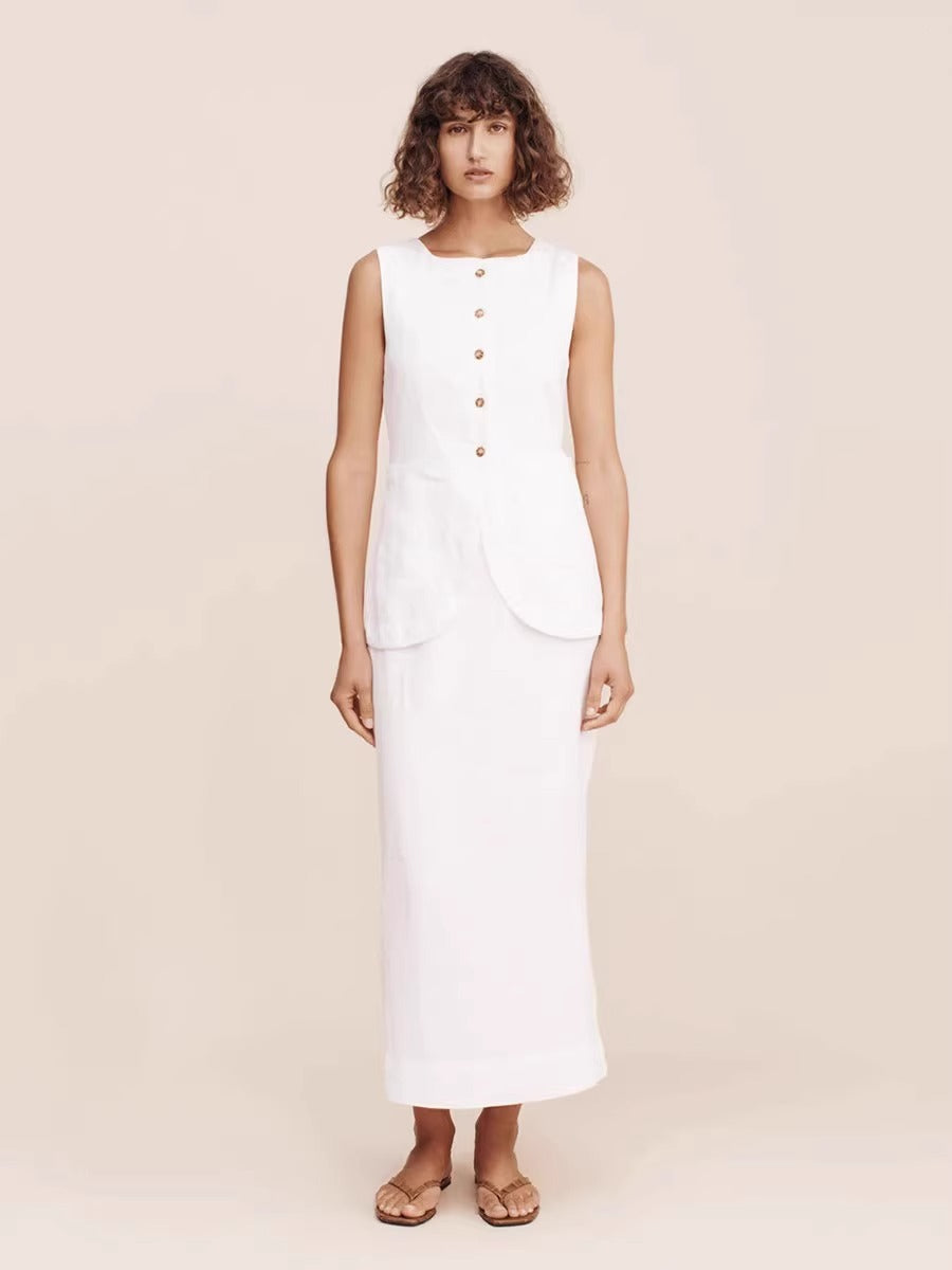 [Pos*e] White Emma Linen Vest and Skirt Set - Weekdayslulu