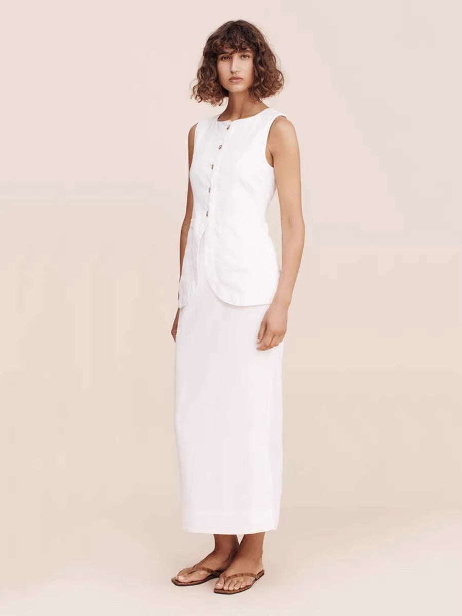 [Pos*e] White Emma Linen Vest and Skirt Set - Weekdayslulu