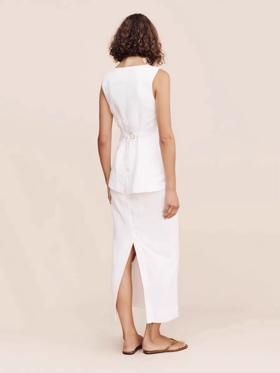 [Pos*e] White Emma Linen Vest and Skirt Set - Weekdayslulu