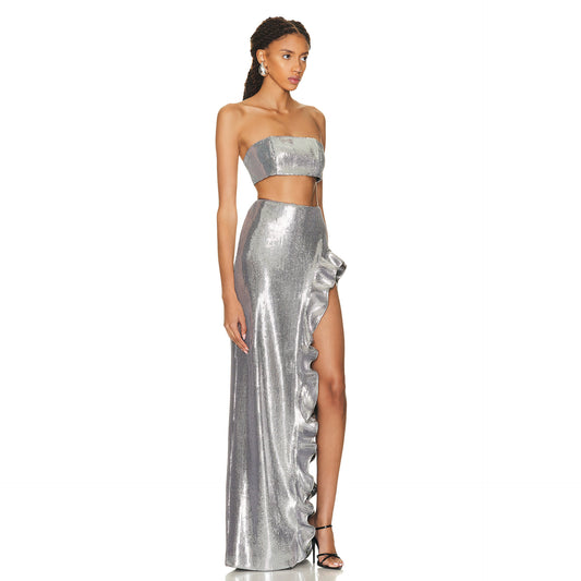 [D*v*d K*m*] Sequined Silver Top and Skirt Set