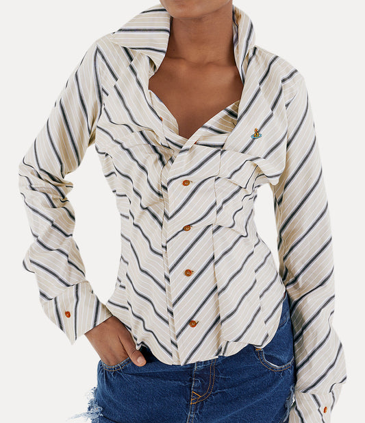 Korean Stripe Drape Long-Sleeve Blouse