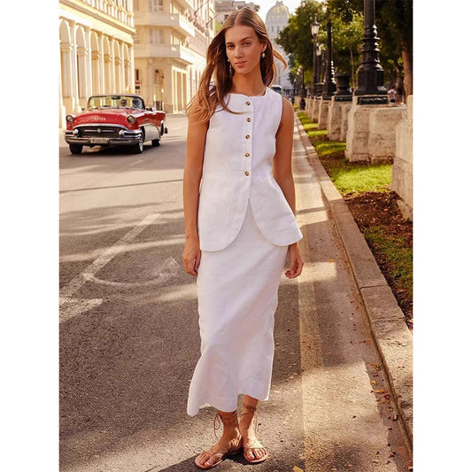 [Pos*e] White Emma Linen Vest and Skirt Set