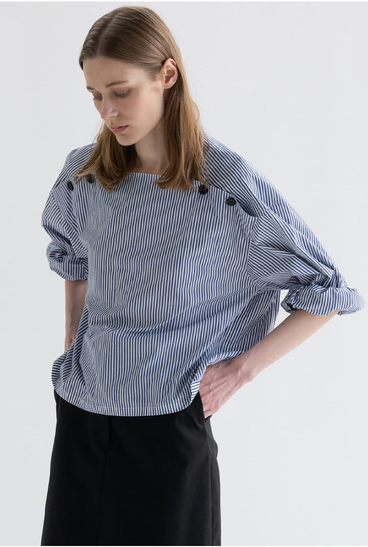 [Moond*l] Asymmetric Striped Oversized Collar Shirt - Weekdayslulu