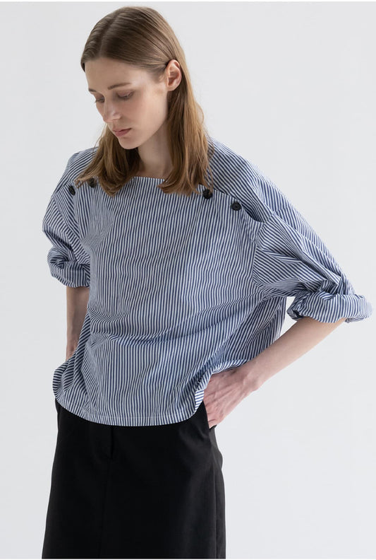 [Moond*l] Asymmetric Striped Oversized Collar Shirt