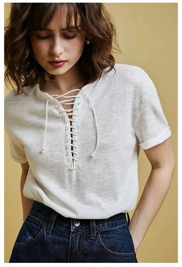 [Sez**e] Cotton Lace-up Crochet Top - Weekdayslulu