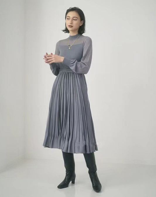 [Anay*] Wool Knit Pleated Sweater Dress