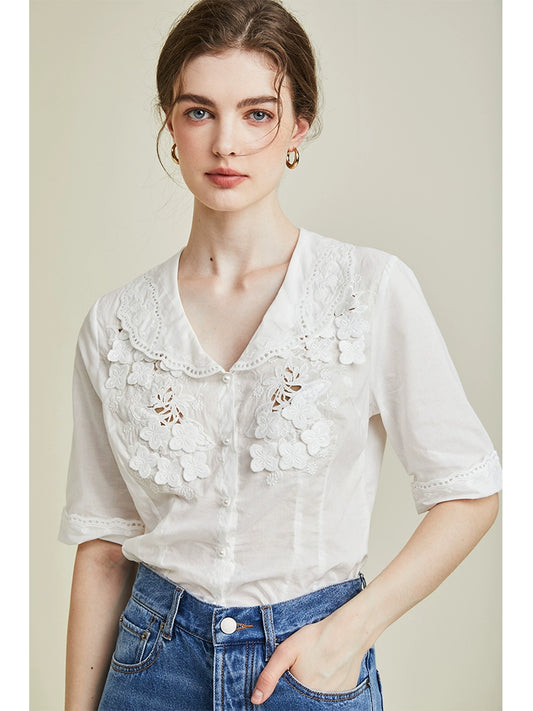 [R**je] Flower Embroidered Short Sleeve Shirt