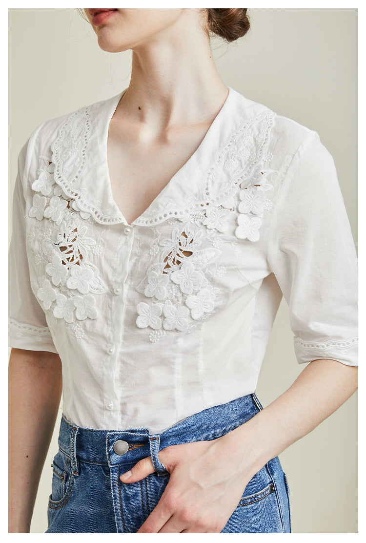 [R**je] Flower Embroidered Short Sleeve Shirt - Weekdayslulu