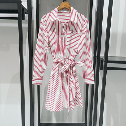 French Niche Diamond Striped Shirt Dress