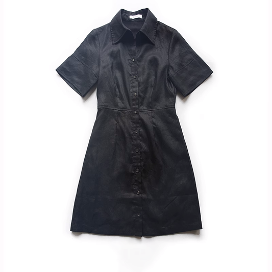 Gathered Waist Linen Shirt Dress