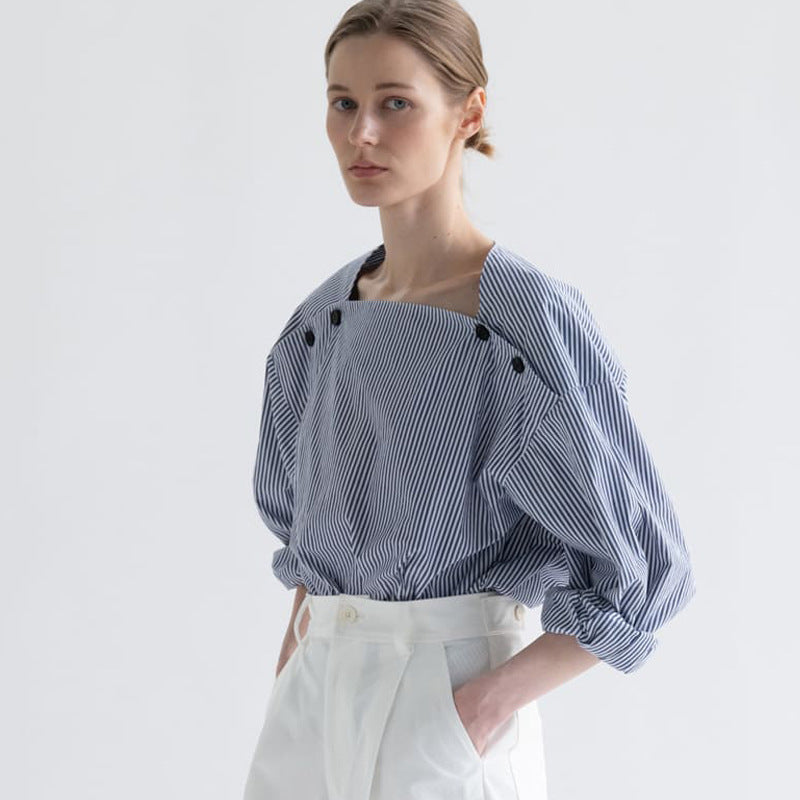 [Moond*l] Asymmetric Striped Oversized Collar Shirt - Weekdayslulu