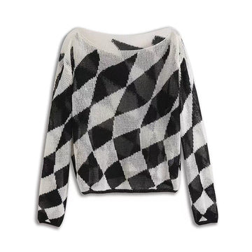 Diamond Check Long-Sleeve Knit Sweater