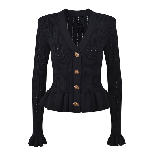 Slim V-Neck Knitted Cardigan with Buckle