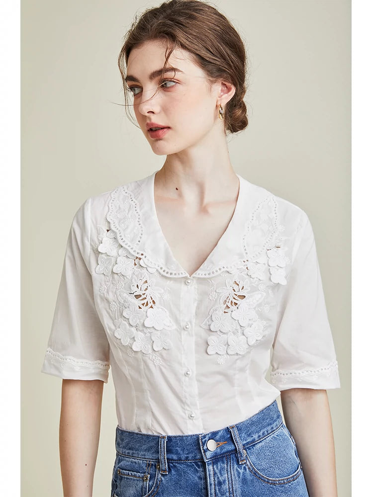 [R**je] Flower Embroidered Short Sleeve Shirt - Weekdayslulu