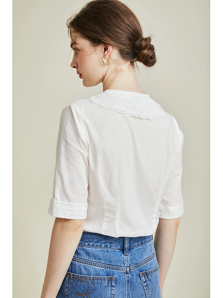 [R**je] Flower Embroidered Short Sleeve Shirt - Weekdayslulu