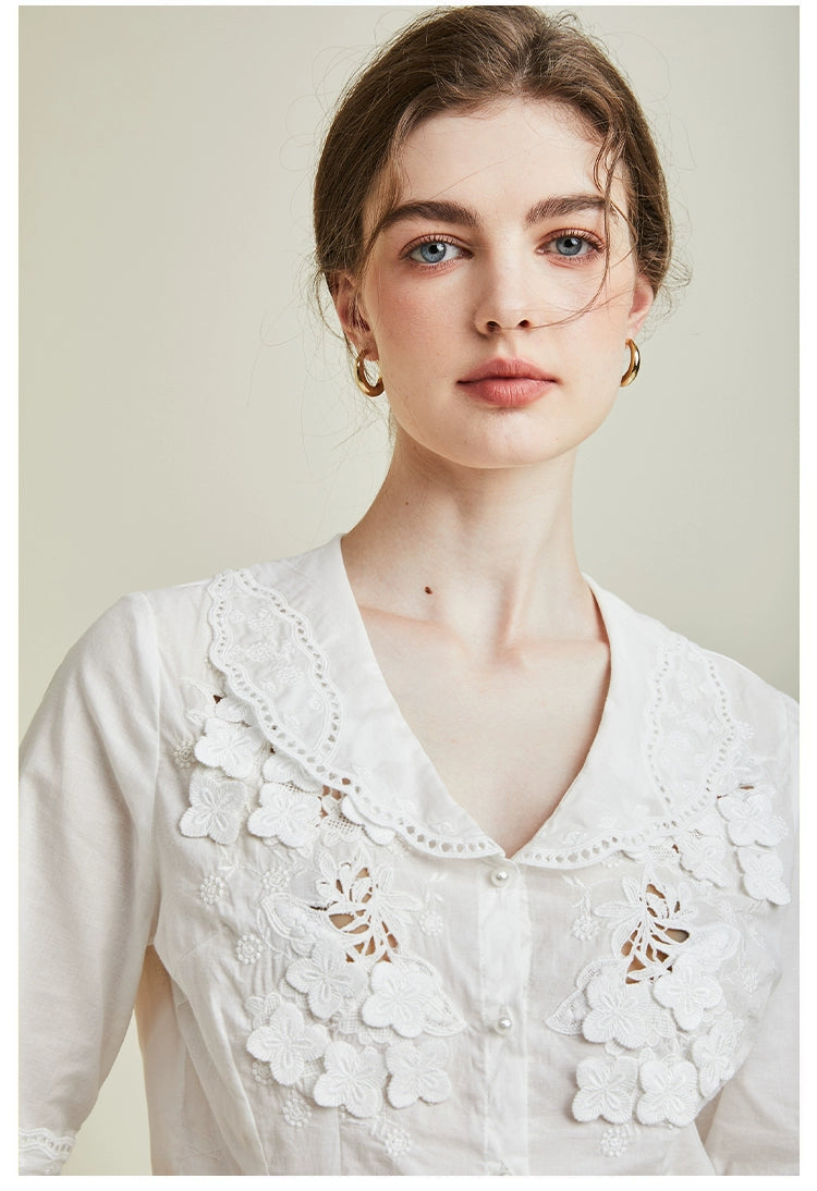 [R**je] Flower Embroidered Short Sleeve Shirt - Weekdayslulu