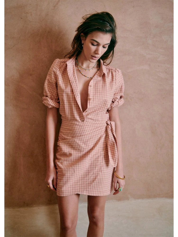 [Sez**e] Pink Check Lace-up Wrap Shirt Dress - Weekdayslulu