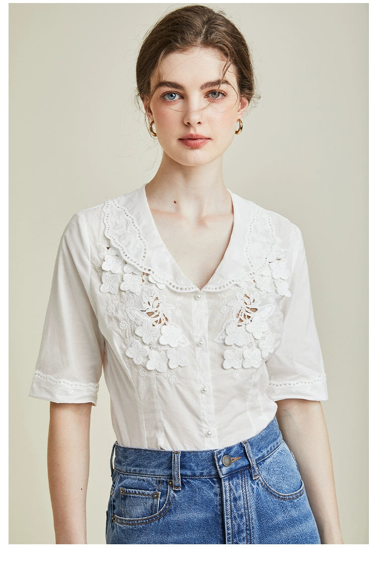 [R**je] Flower Embroidered Short Sleeve Shirt - Weekdayslulu