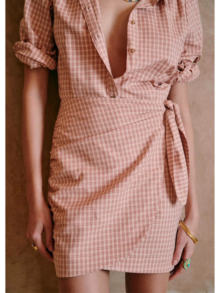 [Sez**e] Pink Check Lace-up Wrap Shirt Dress - Weekdayslulu