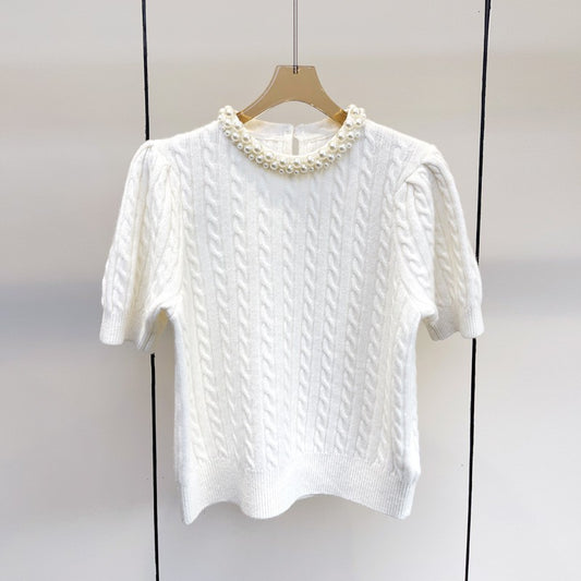 Elegant Pearl Short Sleeve Sweater