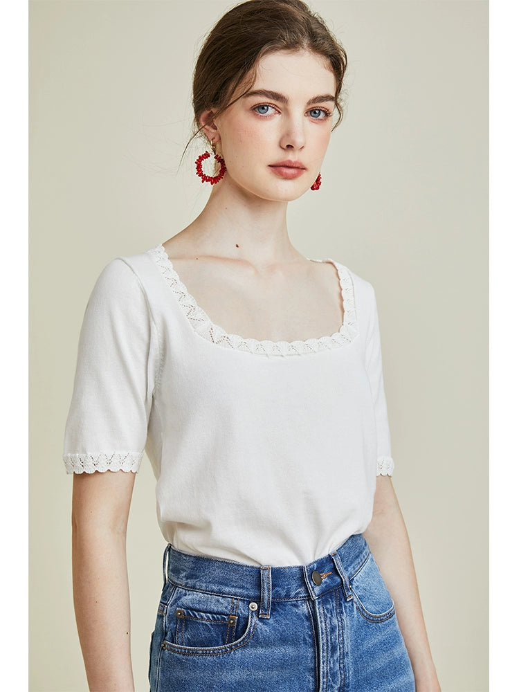 [R**je] Lace Trim Square Neck Knit Top - Weekdayslulu