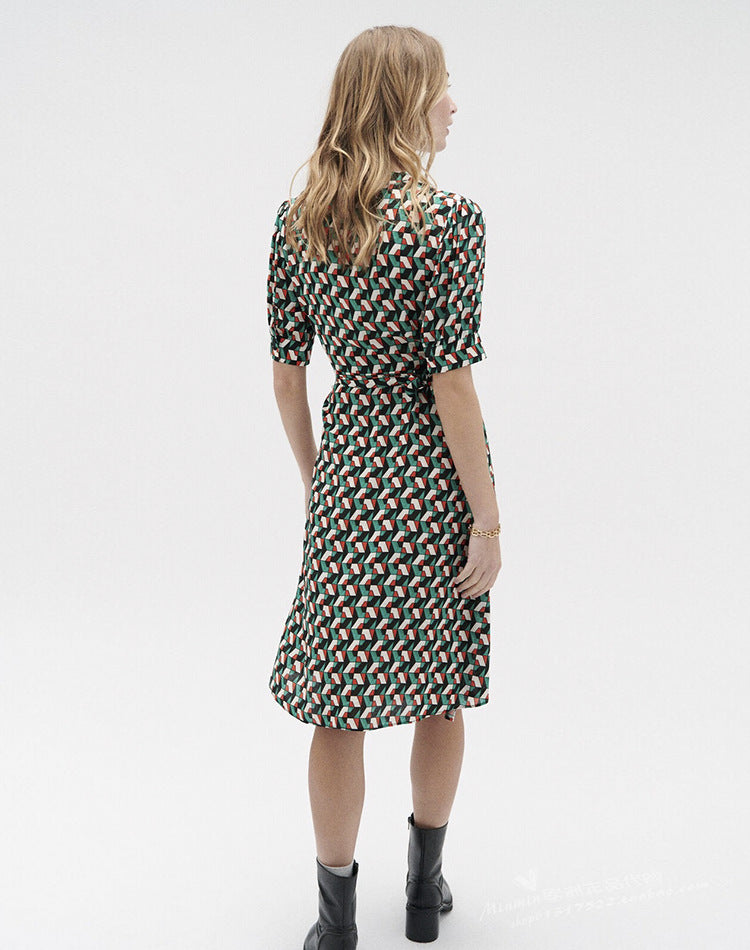 Geometric Print Satin Wrap Midi Dress - Weekdayslulu