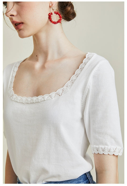 [R**je] Lace Trim Square Neck Knit Top