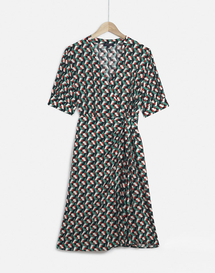 Geometric Print Satin Wrap Midi Dress - Weekdayslulu