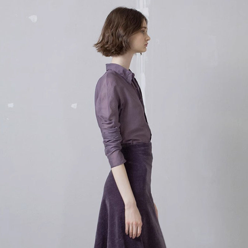 [Corta*a] Lavender-Dyed Cotton Shirt with Mandarin Collar - Weekdayslulu