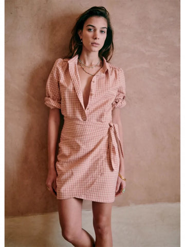 [Sez**e] Pink Check Lace-up Wrap Shirt Dress - Weekdayslulu