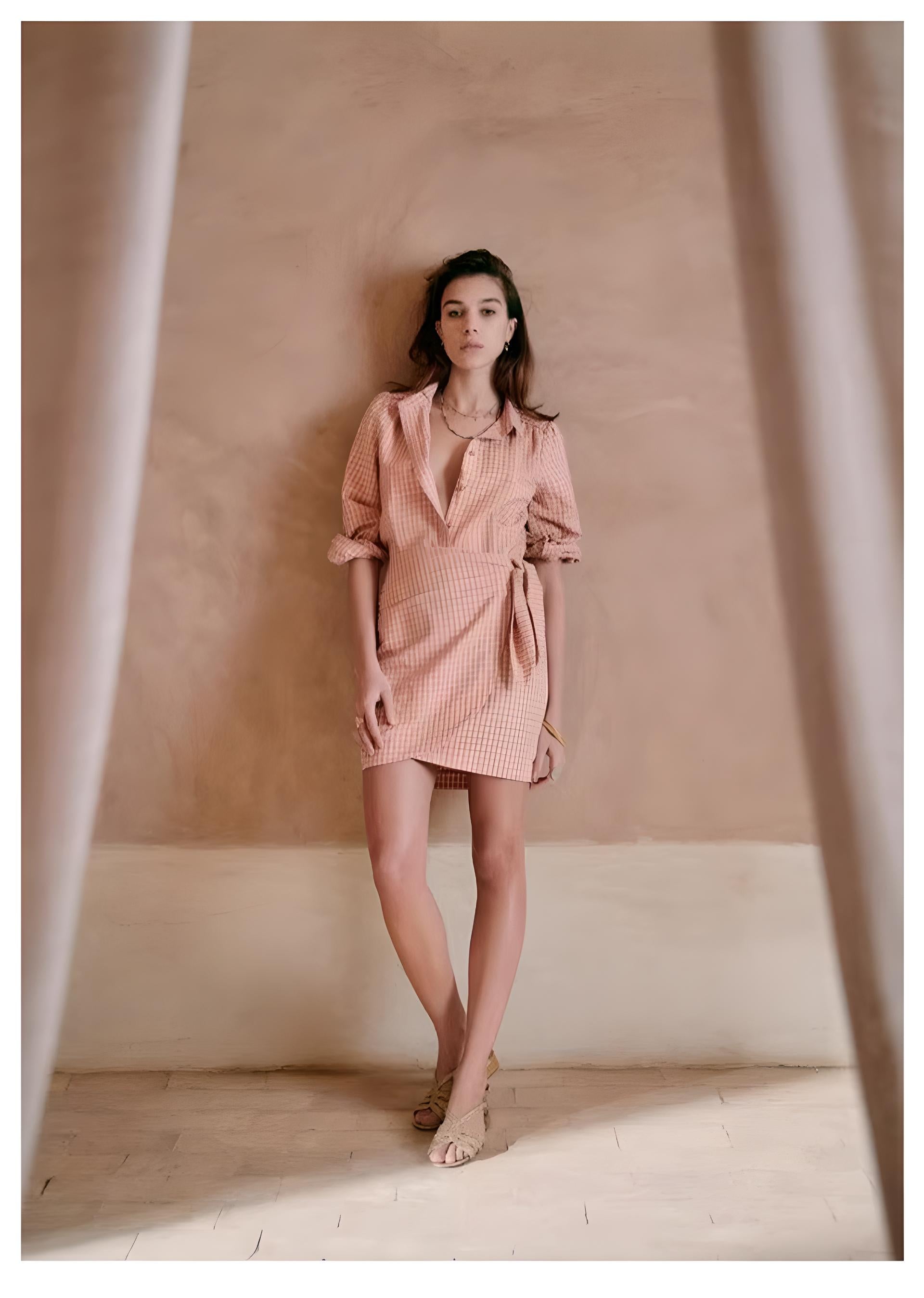 [Sez**e] Pink Check Lace-up Wrap Shirt Dress - Weekdayslulu