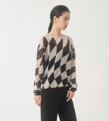 Diamond Check Long-Sleeve Knit Sweater