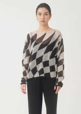 Diamond Check Long-Sleeve Knit Sweater