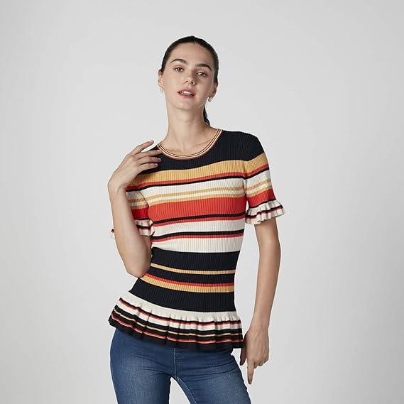 Striped Rib-Knit Peplum Sweater