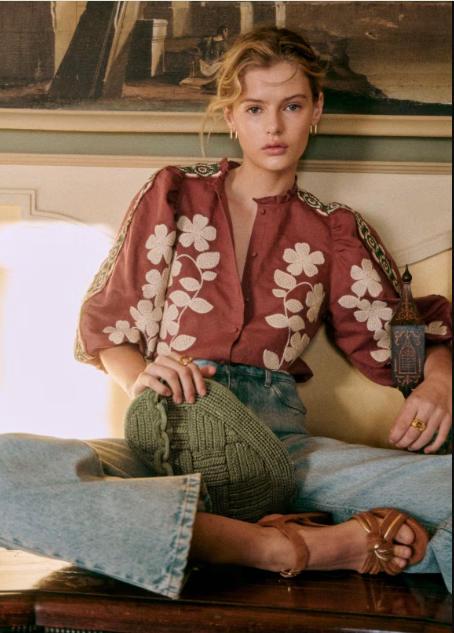 [S*zane] Ecru Embroidery Brown Blouse